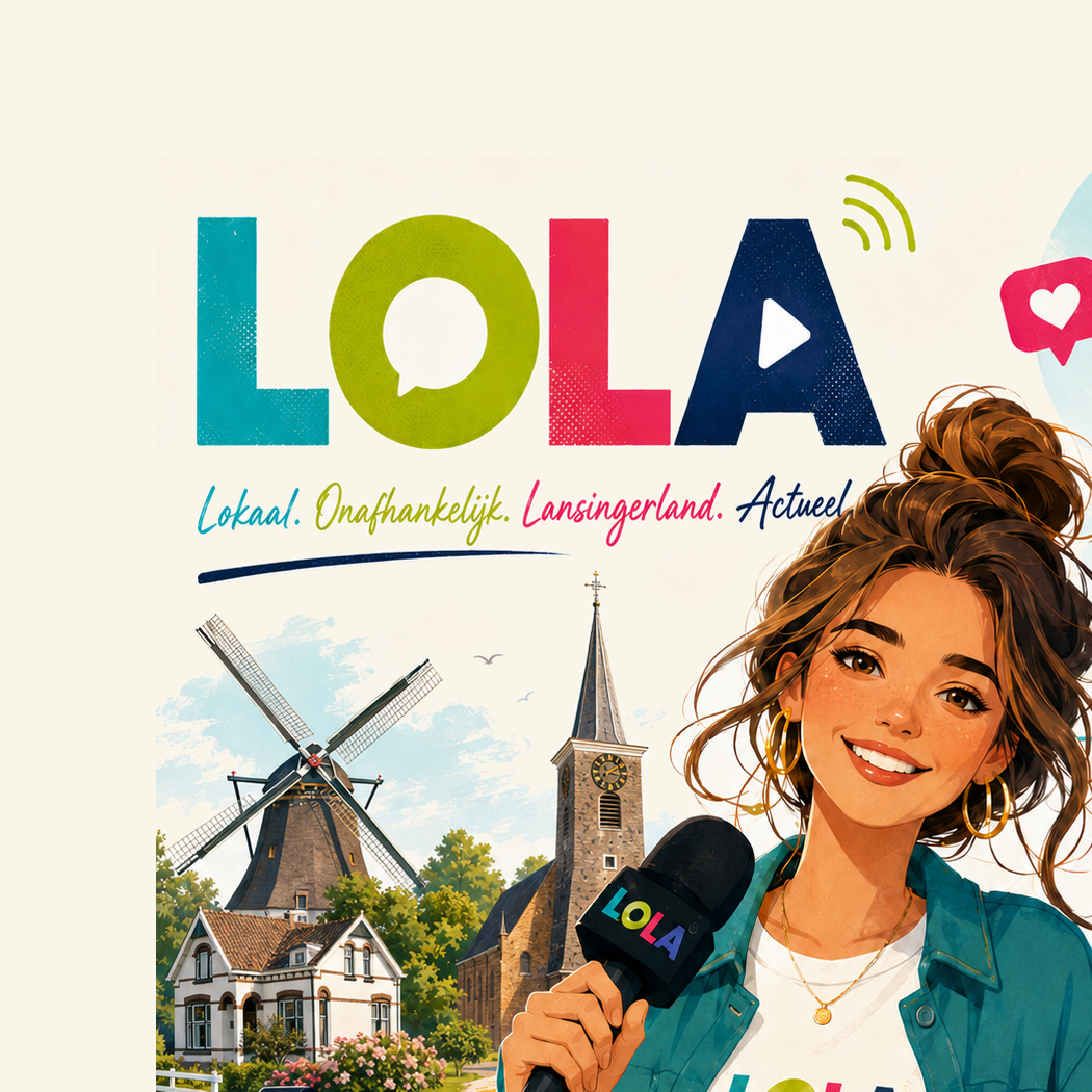 Kleurrijke LOLA-illustratie met een lokale presentatrice, microfoon, media-iconen en herkenningspunten uit Lansingerland.